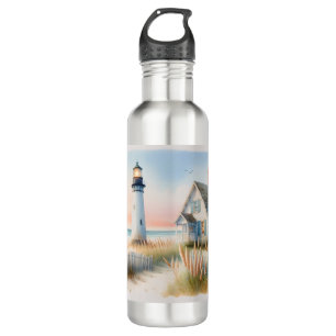 Leuchtturm und Cottage am Meer im Wasserfarben-Sti Edelstahlflasche