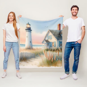 Leuchtturm und Cottage am Meer - Wasserfarben Szen Fleecedecke