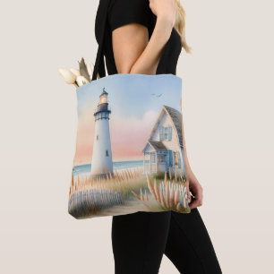 Leuchtturm und Cottage-Wasserfarben-Szene am Meer