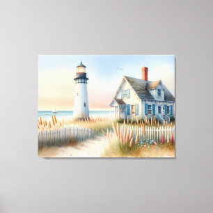 Leuchtturm und Cottage-Wasserfarben-Szene am Meer Leinwanddruck