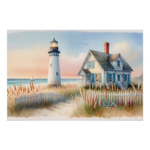 Leuchtturm und Cottage-Wasserfarben-Szene am Meer Poster