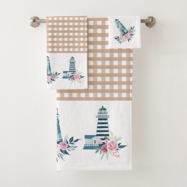 Leuchtturm und Gingham Kariert  Badhandtuch Set (Insitu)