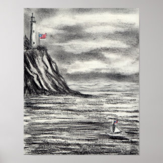 Leuchtturm und Sailboat Holzkohle zeichnend Poster