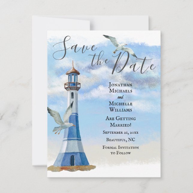 Leuchtturm und Seagulls Nautical Beach Hochzeit Save The Date (Vorderseite)