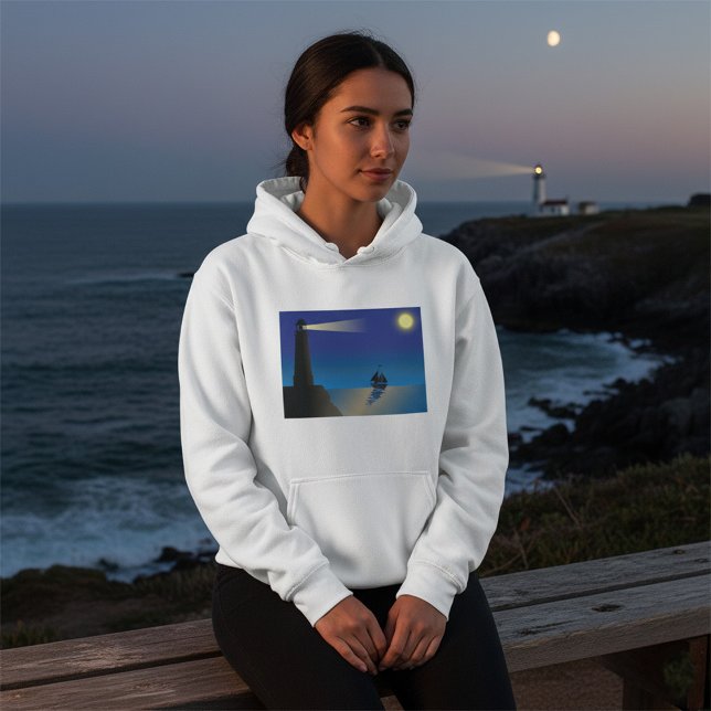 Leuchtturm und Segelboot am Nachmittag Mondlicht Hoodie (Von Creator hochgeladen)