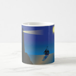Leuchtturm und Segelboot bei nächtlicher mondbesch Kaffeetasse