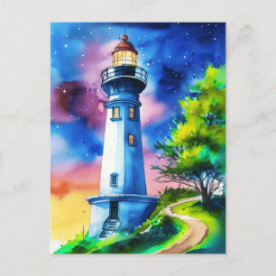 Leuchtturm unter einem Sternenhimmel Postkarte