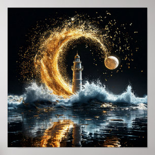 🌙 Leuchtturm unter goldenem Mond an der Küste in  Poster