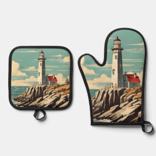 Leuchtturm Vintage Poster Ofenhandschuh & Topflappen-Set