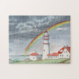 Leuchtturm Wasserfarbe Regenbogen Landschaft Meer Puzzle