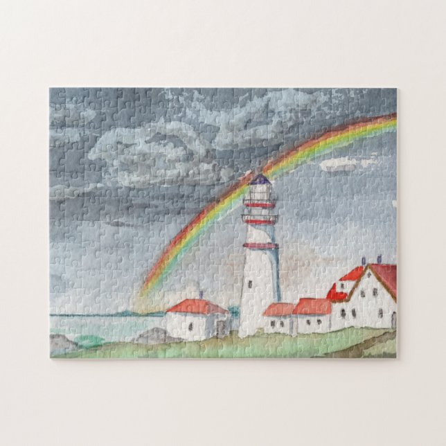 Leuchtturm Wasserfarbe Regenbogen Landschaft Meer Puzzle (Horizontal)