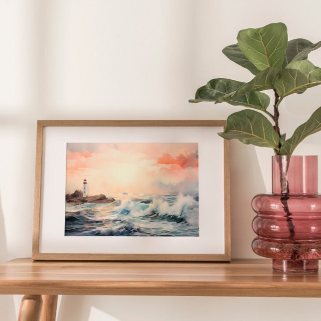 Leuchtturmträume: Aquarellmalerei an der Küste Poster (Embark on a visual journey to tranquil shores with a mesmerizing watercolor painting.)