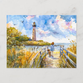 Leuchtturmweg mit Kinder- und Hundewasserfarbe Feiertagspostkarte