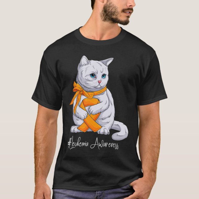 Leukämie Aufklärung Monat Orange Ribbon Katze T-Shirt (Vorderseite)