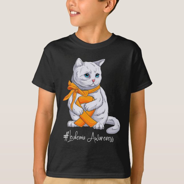 Leukämie Aufklärung Monat Orange Ribbon Katze T-Shirt (Vorderseite)