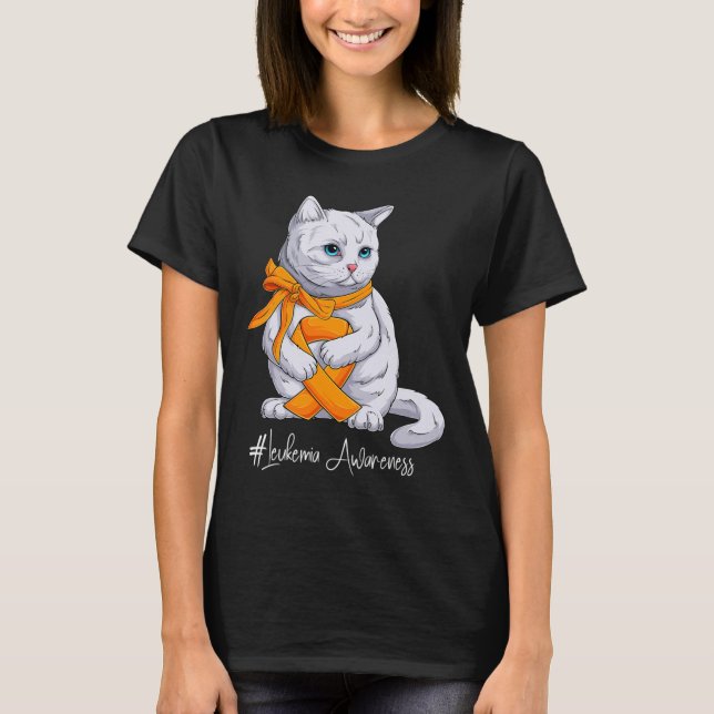 Leukämie Aufklärung Monat Orange Ribbon Katze T-Shirt (Vorderseite)