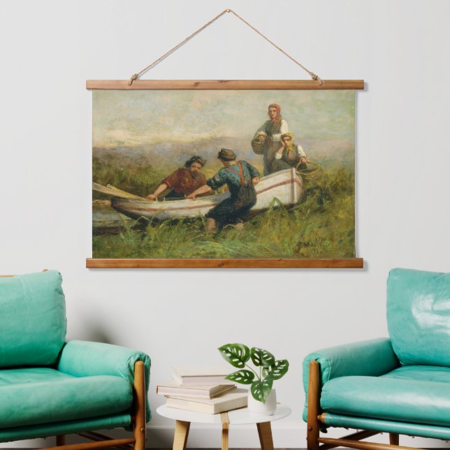 Leute in der Nähe von Bootspalast Wandteppich Mit Holzrahmen (Wohnzimmer)