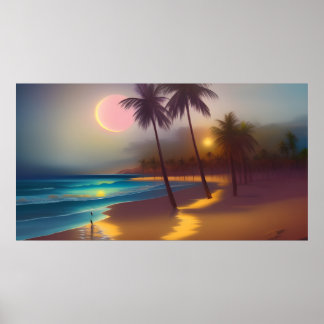 Leute Moon Sand Beach Mondlicht Ozeanpalmen Poster