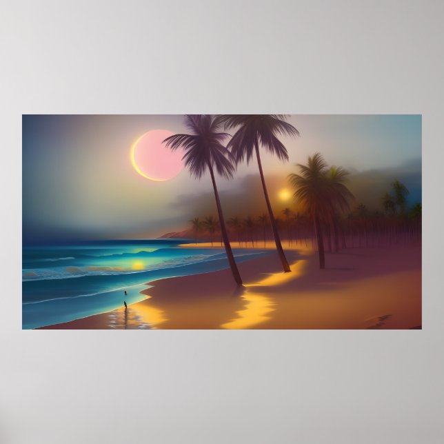 Leute Moon Sand Beach Mondlicht Ozeanpalmen Poster (Vorne)