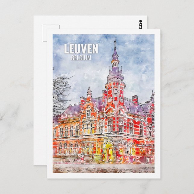 Leuven Belgium Famous Travel Place Watercolor Postkarte (Vorne/Hinten)