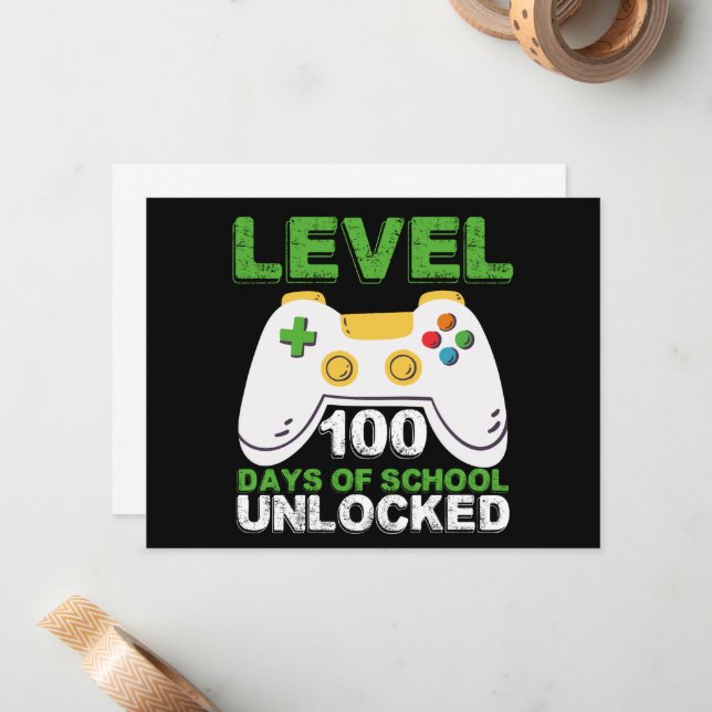 Level 100 Days of School Unlock Gamer Video Game Mitteilungskarte (Vorderseite/Rückseite Beispiel)