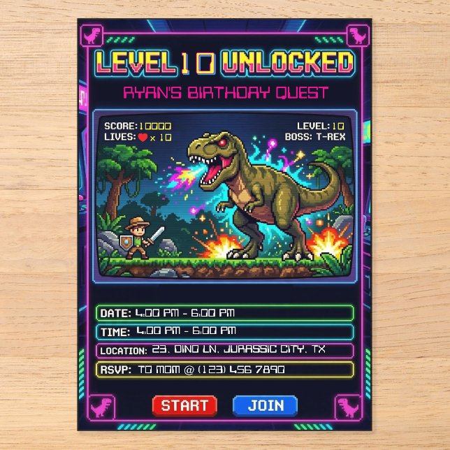 Level 10 Arcade Spiel T Rex Geburtstag Acryleinladungen (Vorderseite)