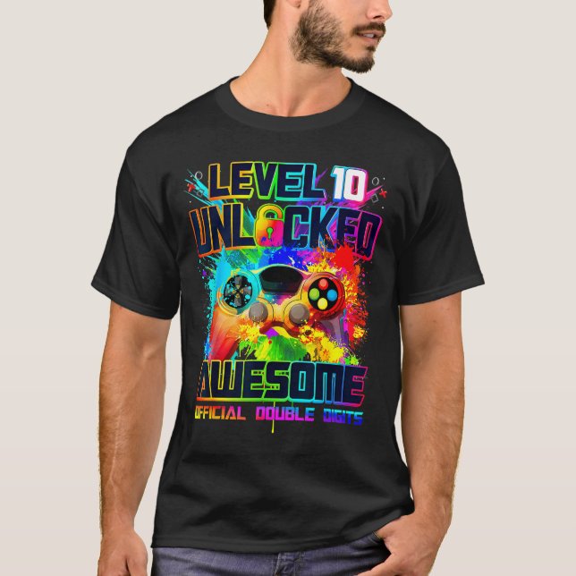 Level 10 Unlocked Awesome Gaming Birthday Boy 10th T-Shirt (Vorderseite)