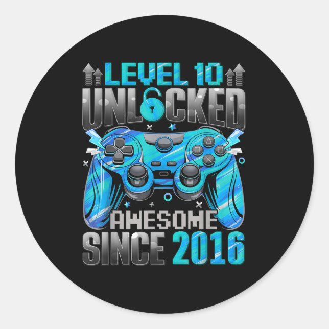 Level 10 Unlocked Awesome Since 2016 10th Birthday Runder Aufkleber (Vorderseite)