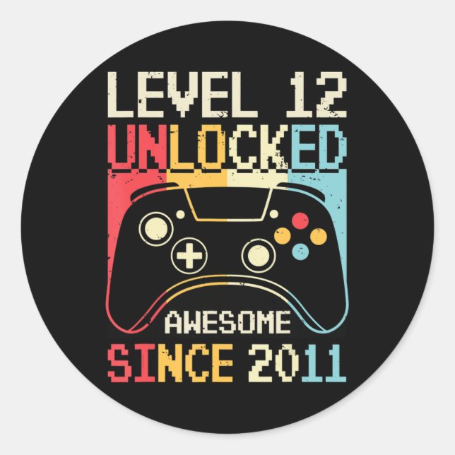 Level 12 Unlocked Video Game 12th Birthday Gamer B Runder Aufkleber (Vorderseite)