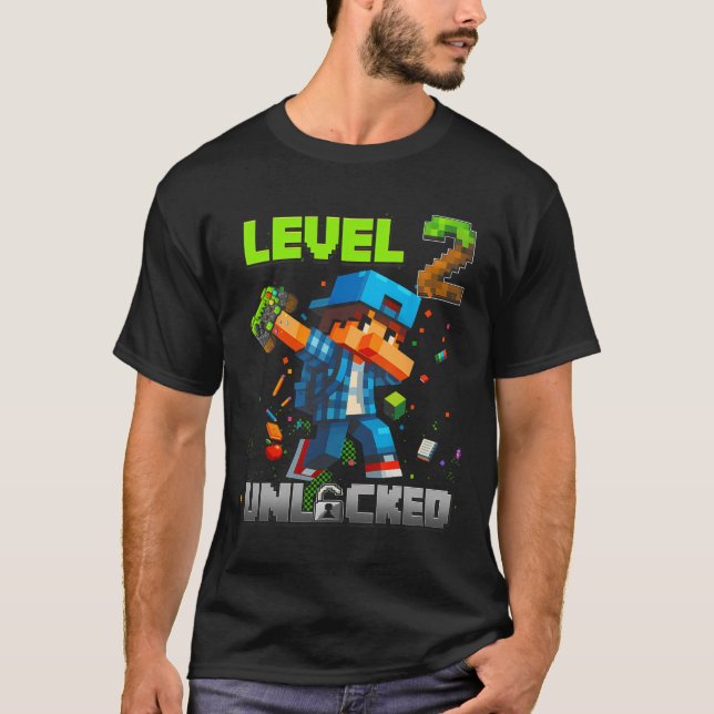 Level 2 Unlocked Funy Birthday Boy Pixel Gamer 2nd T-Shirt (Vorderseite)