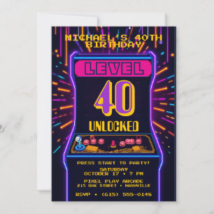 Level 40 freigeschaltet Retro-Arcade-Geburtstag Einladung