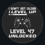 Level 47 Unlocked Gamer 47th Birthday Decorations Runder Aufkleber<br><div class="desc">Level 47 Unlocked Gamer 47th Birthday Decorations Party 1975 Gift. Perfect gift for your dad,  mom,  papa,  men,  women,  friend and family members on Thanksgiving Day,  Christmas Day,  Mothers Day,  Fathers Day,  4th of July,  1776 Independent day,  Veterans Day,  Halloween Day,  Patrick's Day</div>