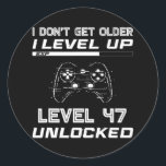 Level 47 Unlocked Gamer 47th Birthday Decorations Runder Aufkleber<br><div class="desc">Level 47 Unlocked Gamer 47th Birthday Decorations Party 1975 Gift. Perfect gift for your dad, mom, papa, men, women, friend and family members on Thanksgiving Day, Christmas Day, Mothers Day, Fathers Day, 4th of July, 1776 Independent day, Veterans Day, Halloween Day, Patrick's Day</div>