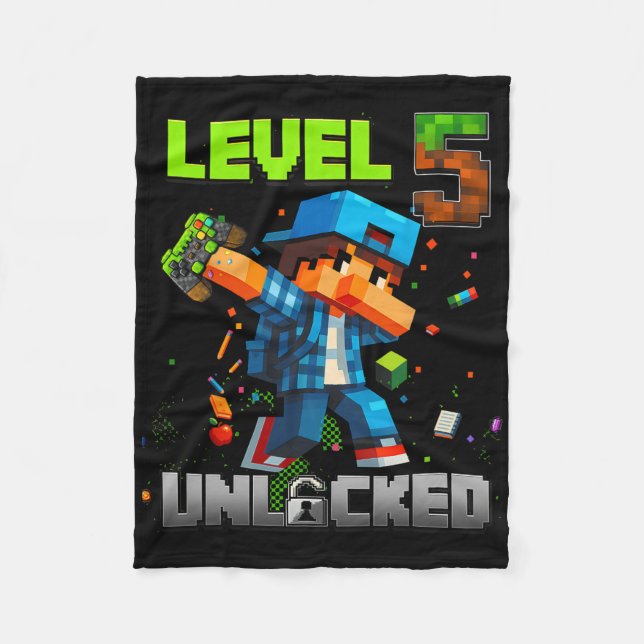 Level 5 Unlocked Funy Birthday Boy Pixel Gamer 5th Fleecedecke (Vorderseite)