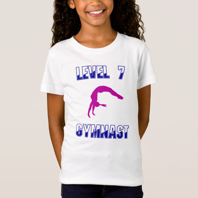 Level 7 Gymnast Blau und Magenta Gymnastik T-Shirt (Vorderseite)