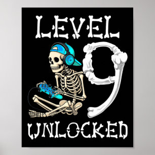 Level 9 freigeschaltetes Skelett-Gamer-Videospiel Poster