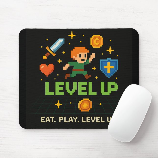 Level Up Gamer Mousepad - Retro Pixel Art Design (Mit Mouse)