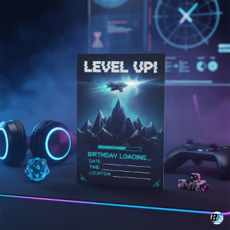 Level Up Gamer Space Sci-Fi Glitch Geburtstag Einladung