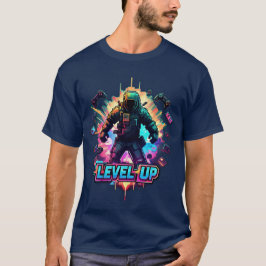LEVEL UP Gamer T - Shirt Neon Arcade Glitch Retro