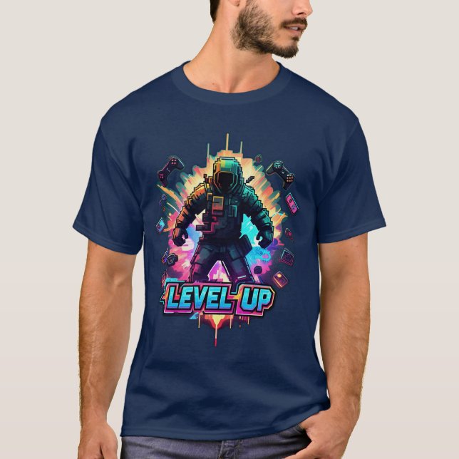 LEVEL UP Gamer T - Shirt Neon Arcade Glitch Retro (Vorderseite)