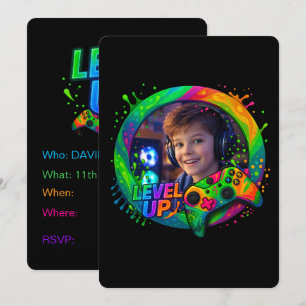 Level Up, Gamer themed individuelle Foto-Einladung Einladung