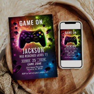 Level Up! Neon Video Game Birthday Party Einladung