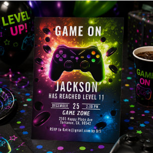 Level Up! Neon-Videospiel-Geburtstagsfeier Einladung