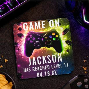 Level Up! Neon-Videospiel-Geburtstagsfeier Quadratischer Aufkleber
