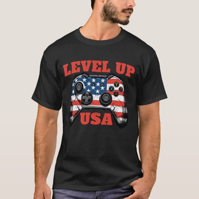Level Up, USA: Zeigen Sie Ihre Gaming-Fähigkeiten  T-Shirt (Vorderseite)