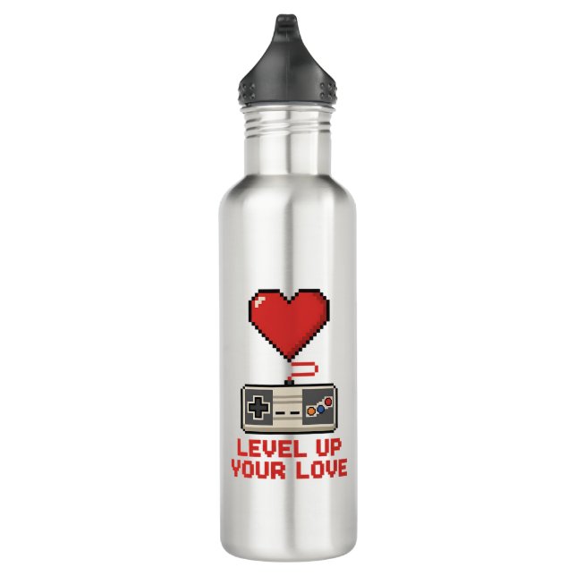 Level Up Your Love, Retro Pixel Gaming Design Edelstahlflasche (Rechts)