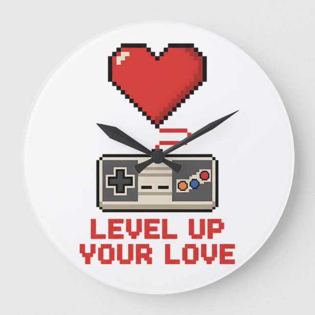 Level Up Your Love, Retro Pixel Gaming Design Große Wanduhr (Vorderseite)