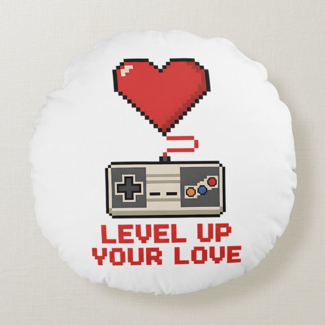 Level Up Your Love, Retro Pixel Gaming Design Rundes Kissen (Vorderseite)