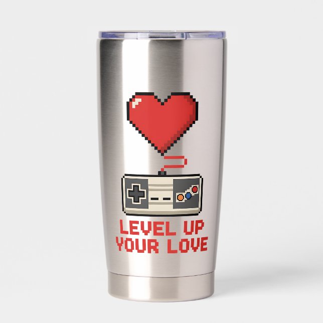 Level Up Your Love, Retro Pixel Gaming Design Thermobecher (Vorderseite)
