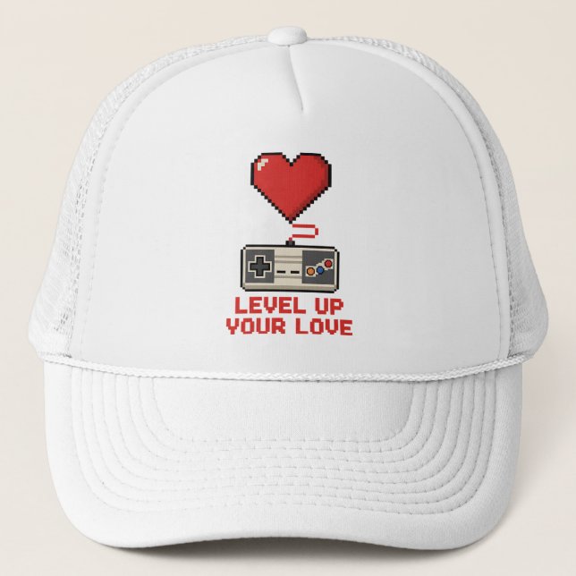 Level Up Your Love, Retro Pixel Gaming Design Truckerkappe (Vorderseite)